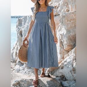 HL AFFAIR New York Striped Smocked Linen Cotton Blend Midi Dress in Blue M NWOT